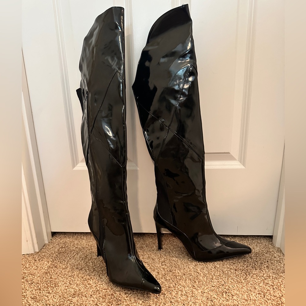 Charlotte Russe Black Faux Patent Leather Stiletto Boots, 9 NWB